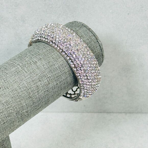 Womens Bracelet Bangle Pave Rhinestone Cut Ott Hearts Silver Tone 25mm Wide - Picture 1 of 12